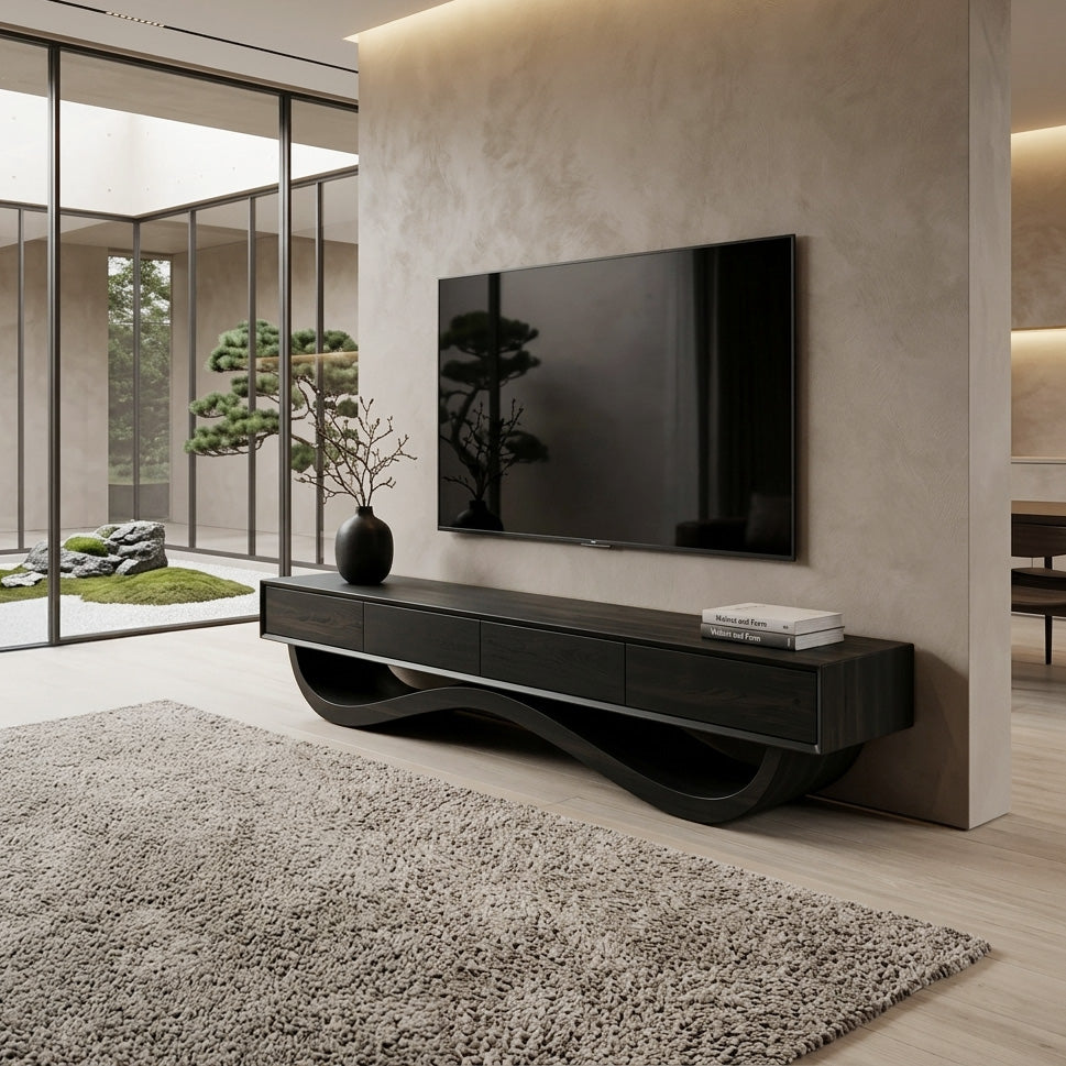 Modern Curved Base Floating Top TV Console, solid wood, built to order, view 4