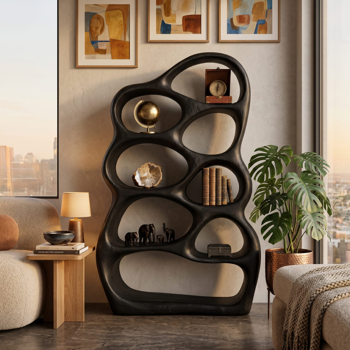 Artistic Sculptural Wood Bookshelf with Multi Tiers for Living Room, solid wood bookcase