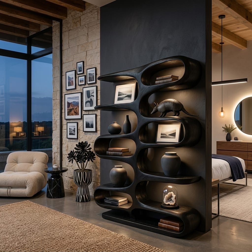 Contemporary Wooden Bookshelf with Sculptural Form for Living Room, solid wood bookcase
