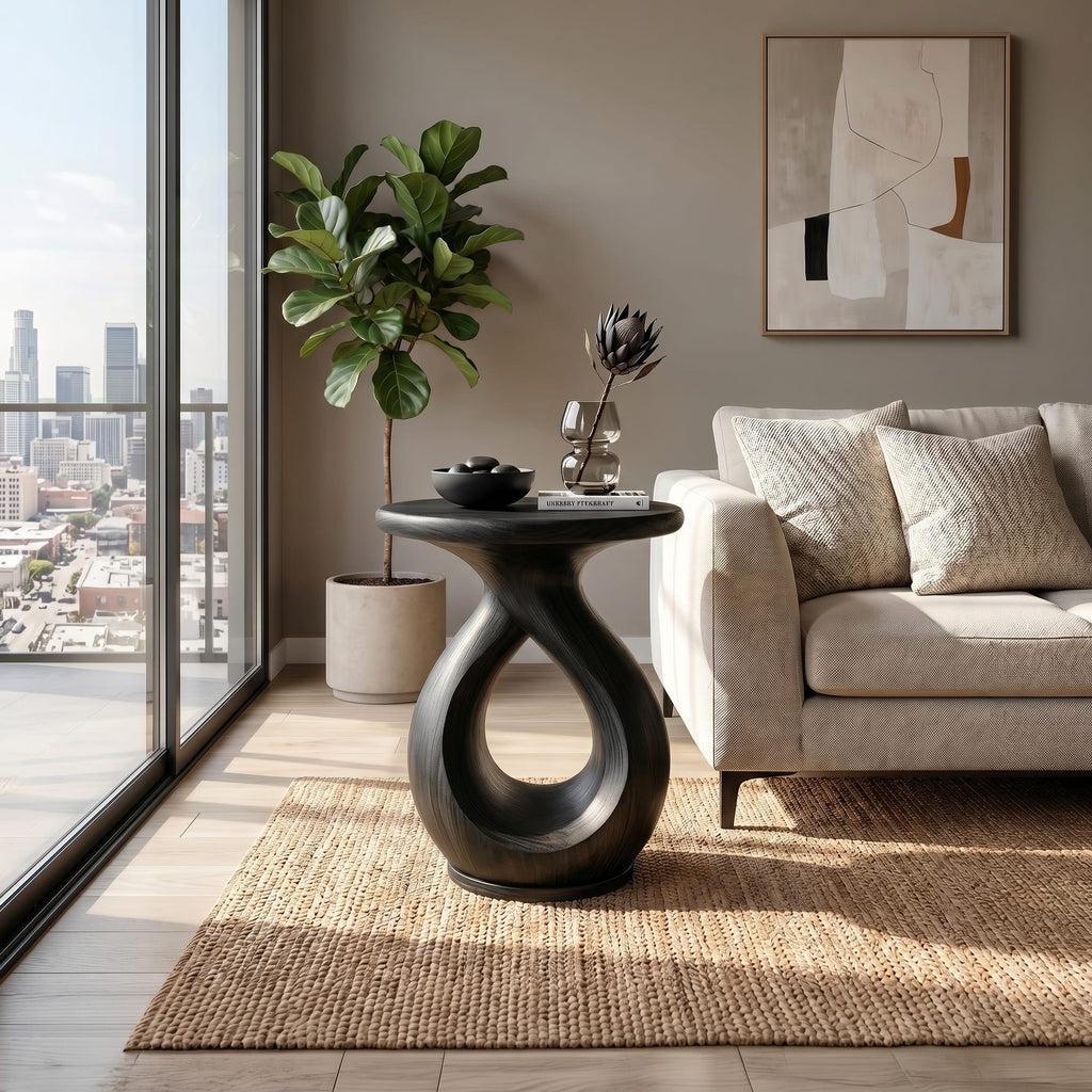 Japandi Twisted Side Table Contemporary Reading Nook, solid wood, built to order