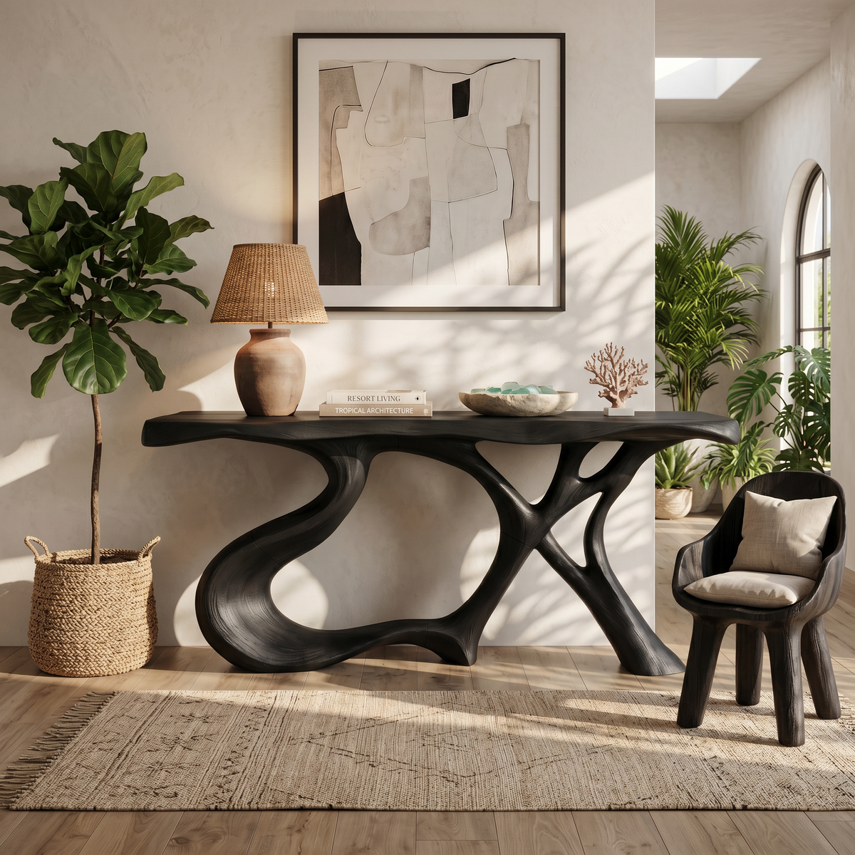 Organic Root Base Console Table Living Room, solid wood, built to order, view 4