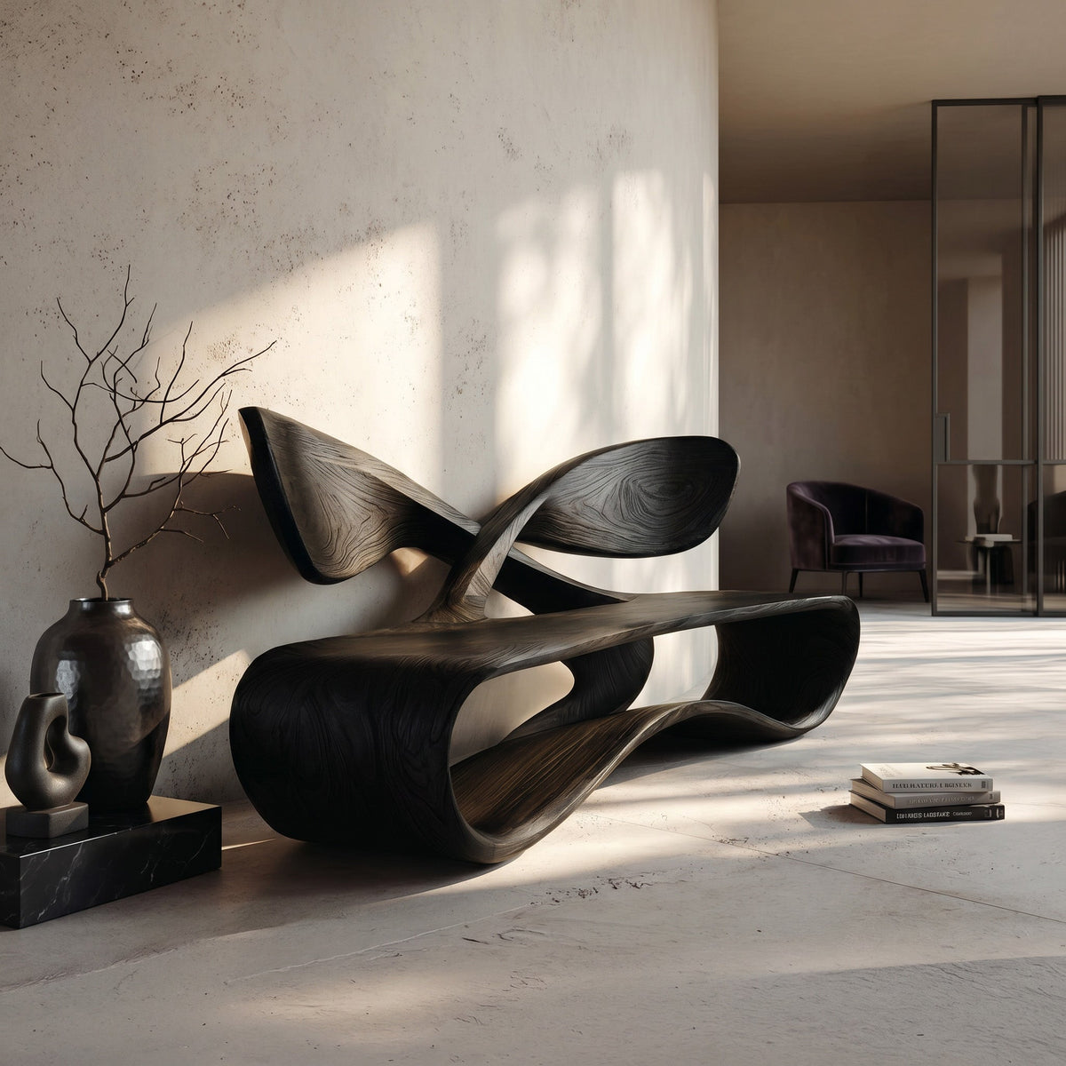 Contemporary Curved Bench with Cross Backrest, solid wood, built to order