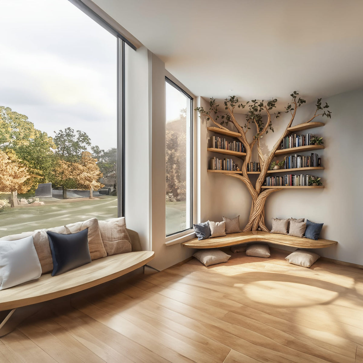 Tree Floating Corner Bookshelf with Corner Bench Lshaped Bench, solid wood, built to order