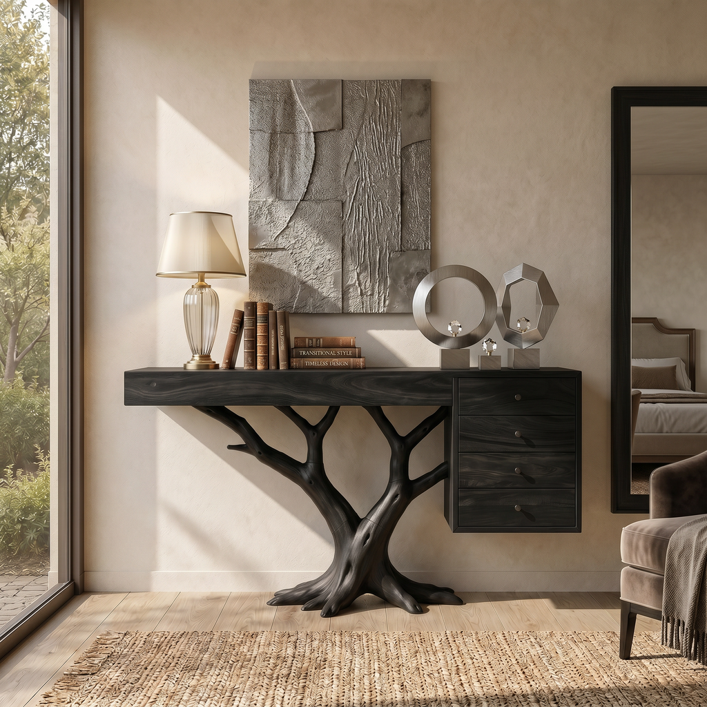 Organic Floating Console Table Designer Entryway, solid wood, built to order, view 4