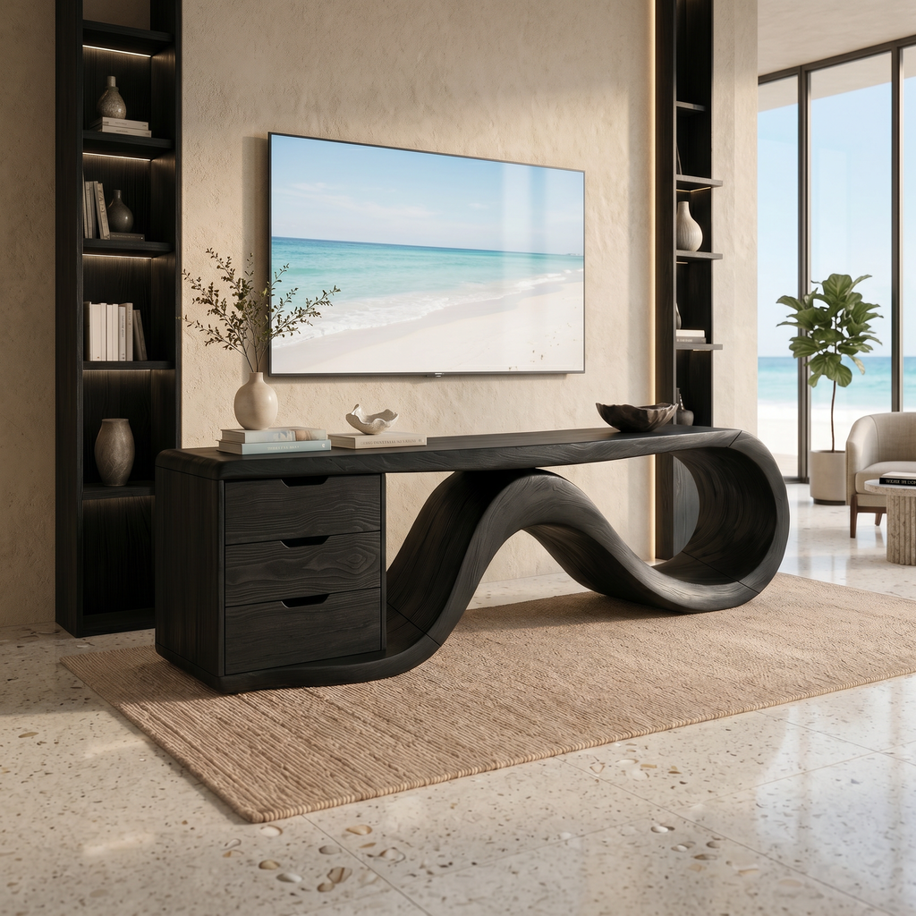Wave Form Wooden Media Console Residence, solid wood, built to order, view 4