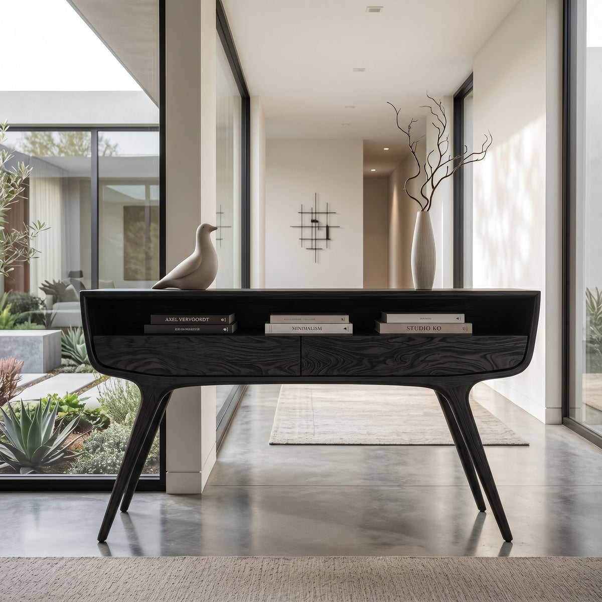 Mid Century Curved Console Table with Drawers, solid wood, built to order