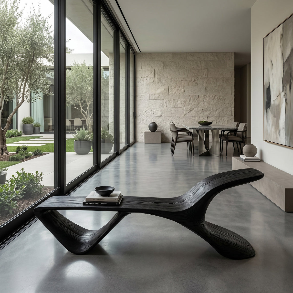 Organic Modern Curved Bench, solid wood, built to order