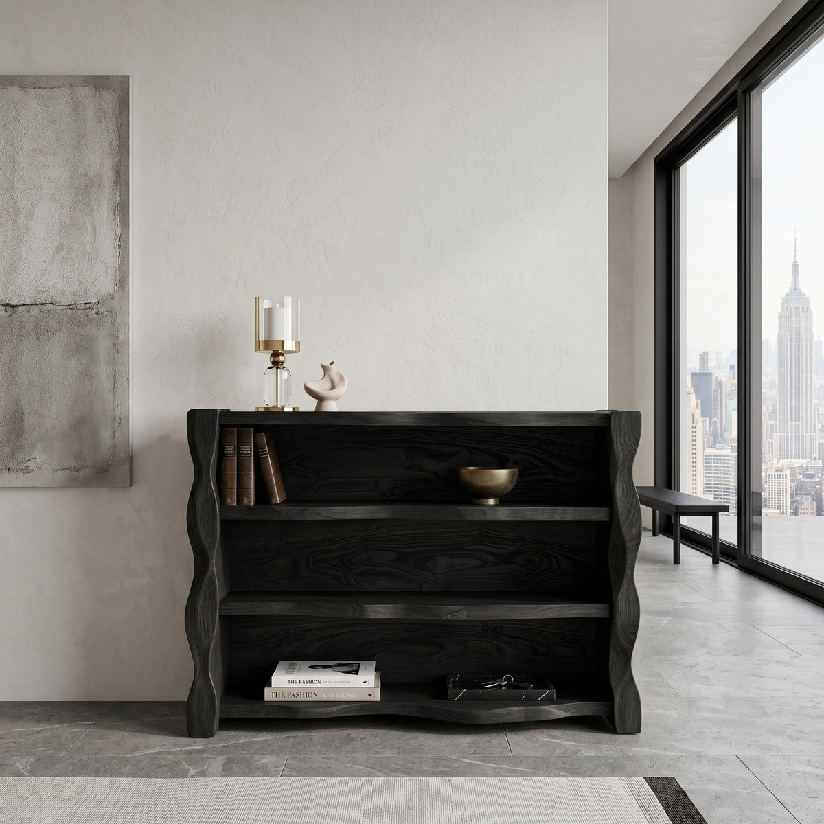 Organic Wavy Console Table with Three Tiers, solid wood, built to order