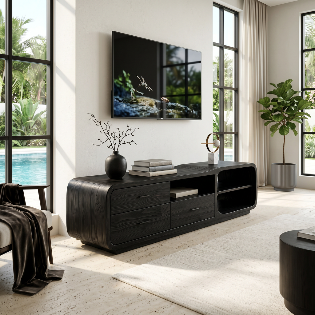 Curved Organic TV Stand Designer Residence, solid wood, built to order, view 4