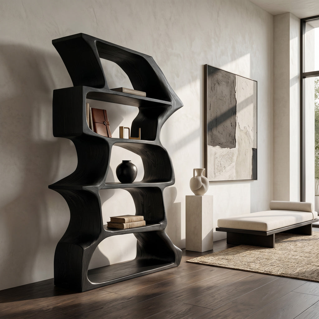 Organic Farmhouse Wooden Curved Bookshelf for Living Room, solid wood bookcase