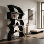 Organic Farmhouse Wooden Curved Bookshelf for Living Room, solid wood bookcase