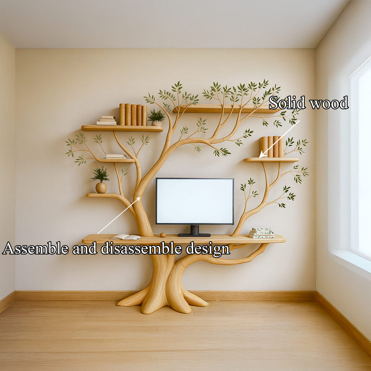 Midcentury Tree Bookshelf Desk Living Bedroom, solid wood, built to order