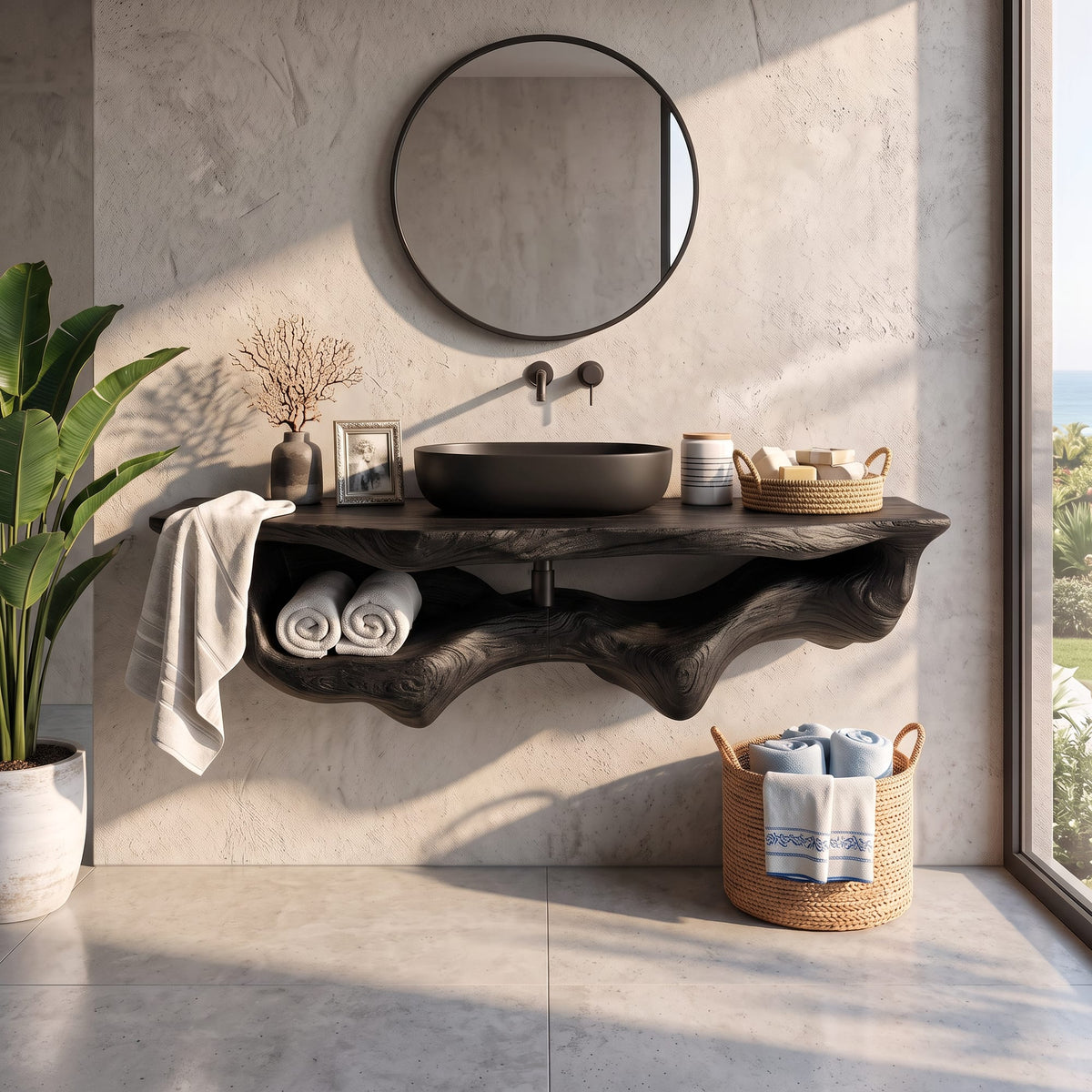 Mid Century Live Edge Floating Vanity Bathroom Decor, solid wood, built to order