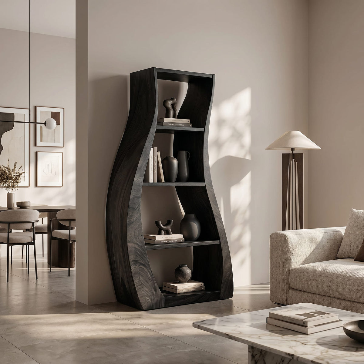 Minimalist Sculpted Accent Shelf with Flowing Silhouette, solid wood, built to order