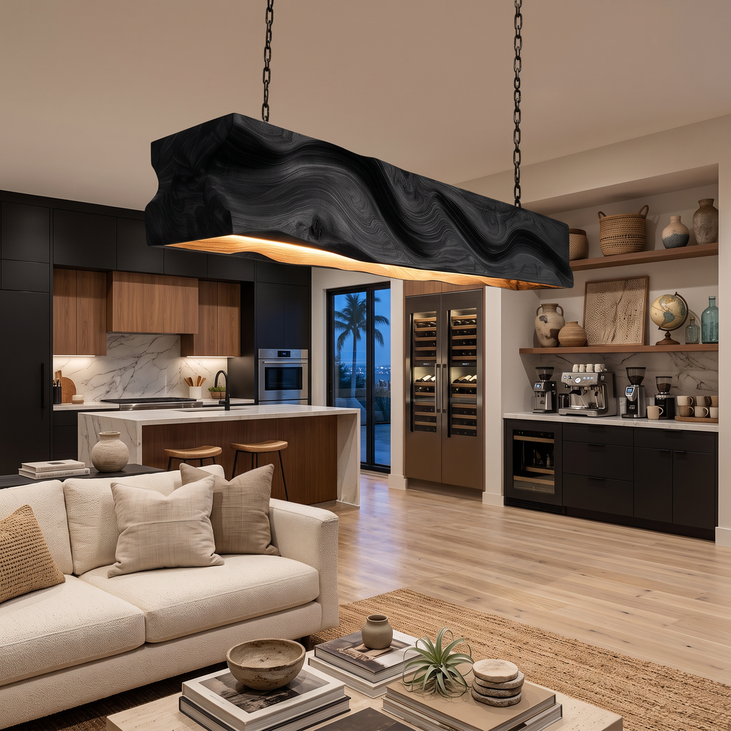 Pendant Light with Wave Carved Surface, solid wood, built to order, view 4