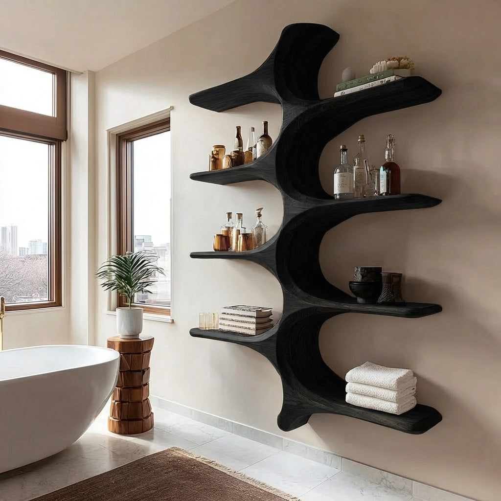 Organic Sculptural Natural Bathroom Shelf for Spa, solid wood, built to order, view 4