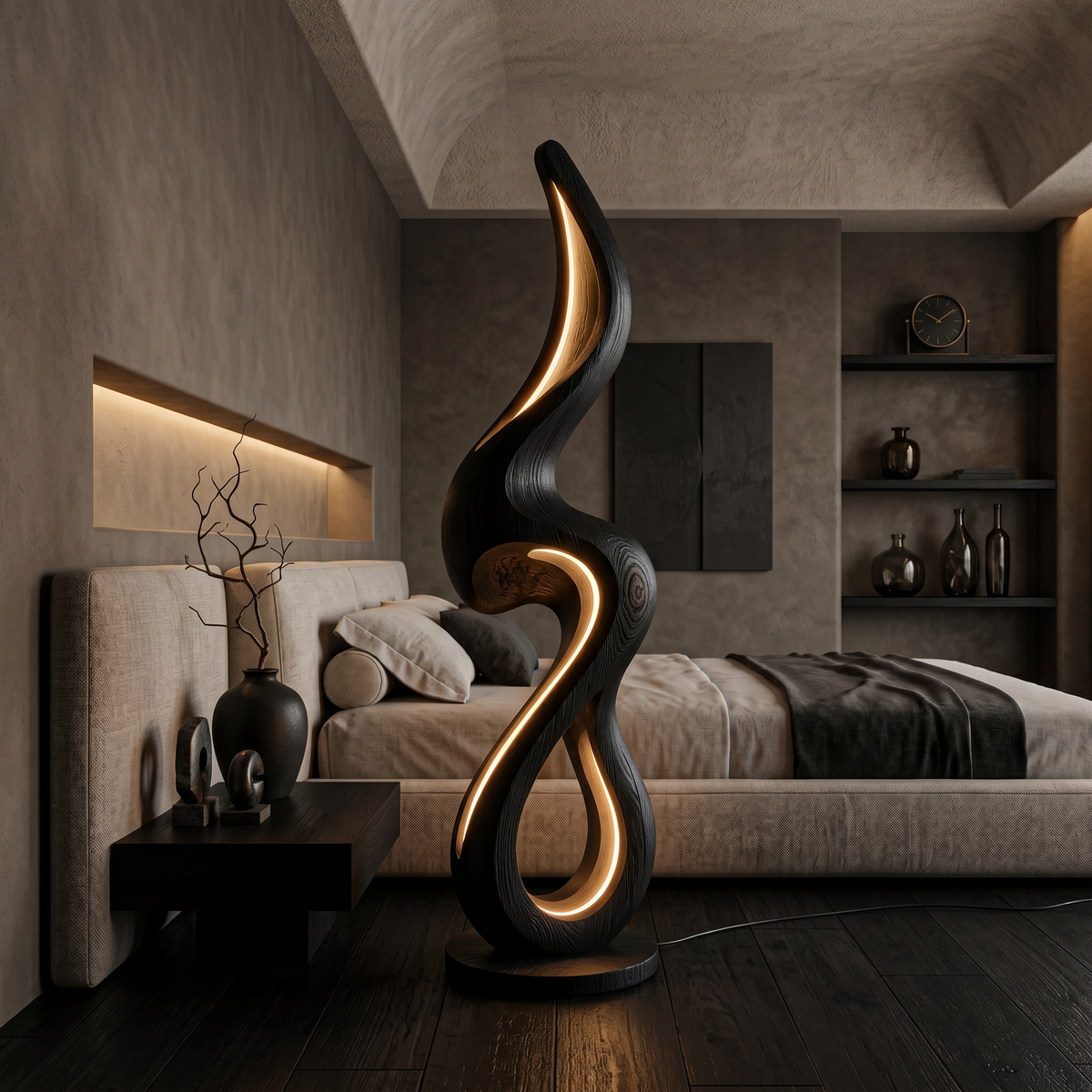 Minimalist Curved Lamp with Shelf, solid wood, built to order, view 4