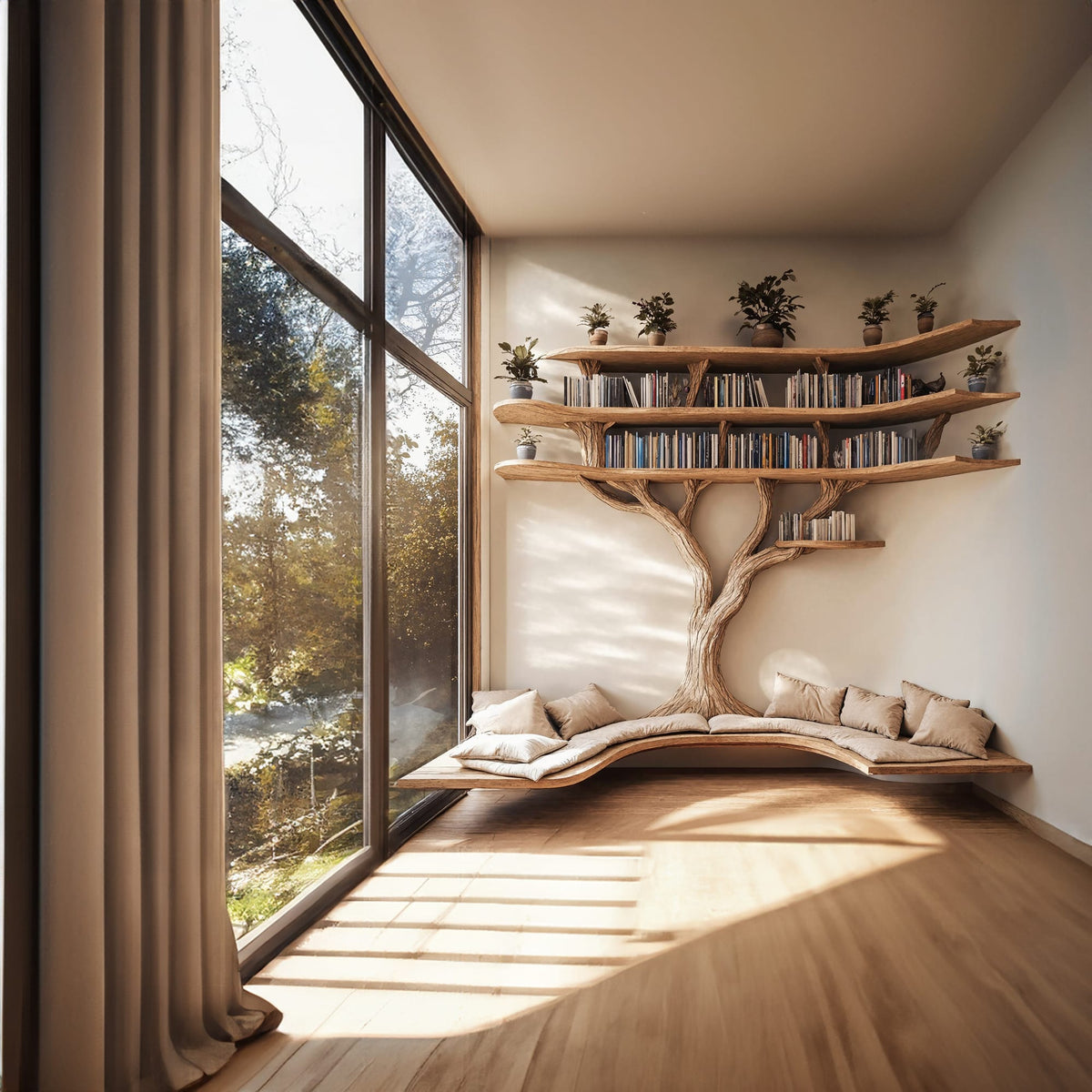 Driftwood Branch Tree Bookshelf with U Shaped Bench Custom Corner Bench, solid wood, built to order