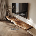 Live Edge Solid Floating TV Console Organic Living Room Interior, solid wood, built to order