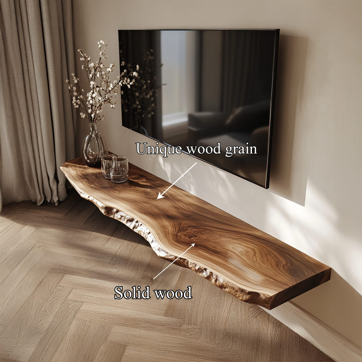 Live Edge Solid Floating TV Console Organic Living Room Interior, solid wood, built to order