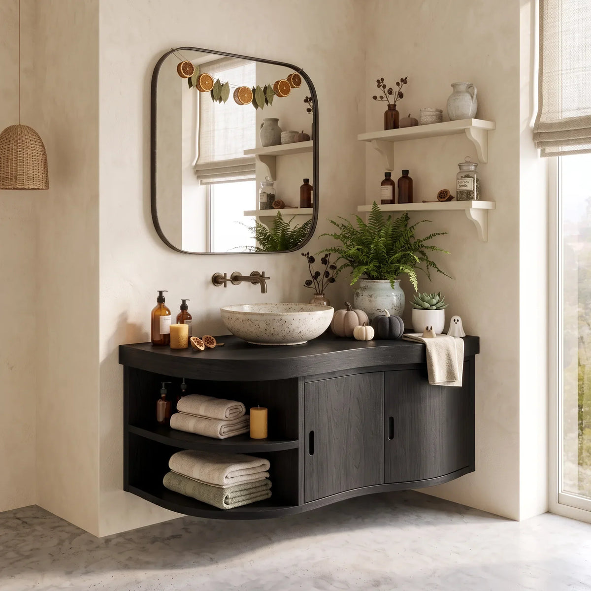 Mid Century Wall Mounted Bathroom Vanity, solid wood, built to order
