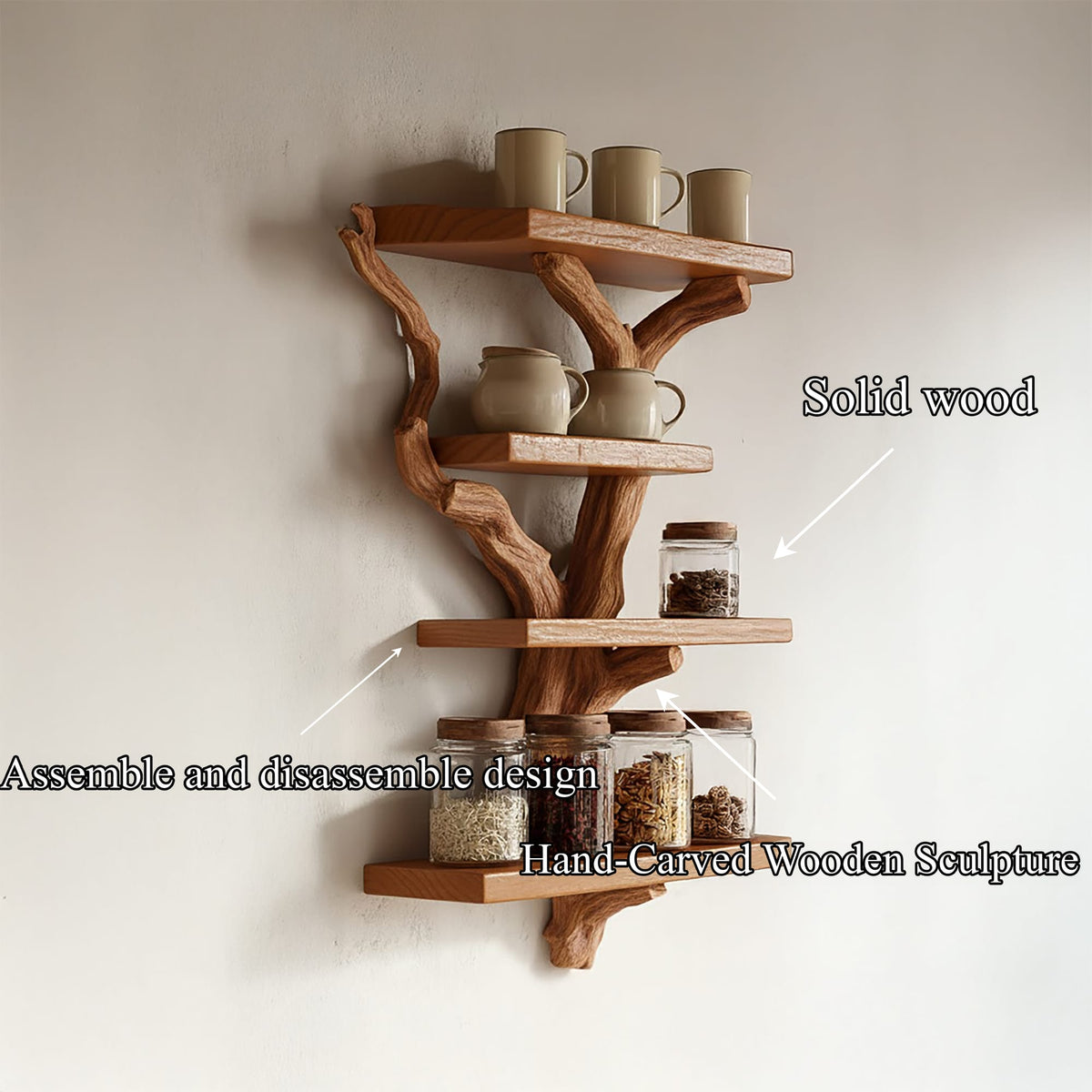 Artistic Branch Kitchen Wall Shelf Kitchen Interior Functional Decor, solid wood, built to order