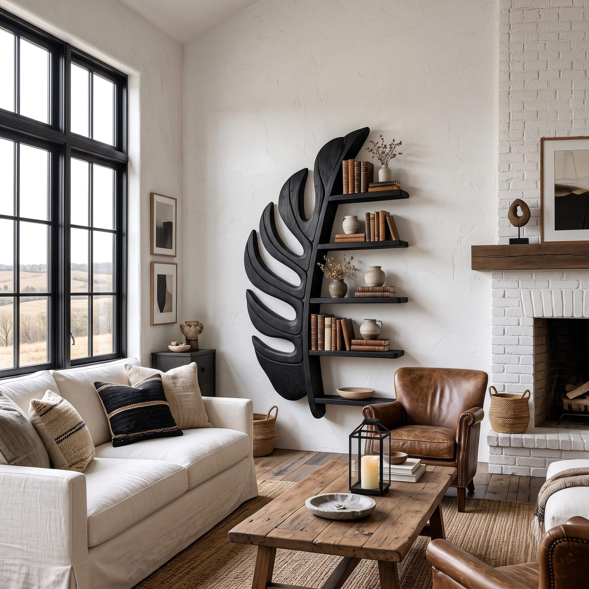 Artistic Leaf Statement Wall Bookshelf, solid wood, built to order