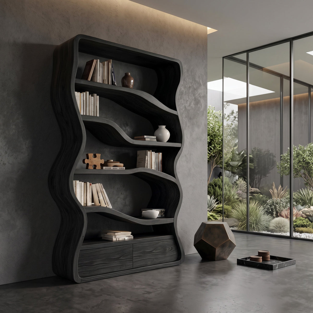 Modern Curved Bookshelf, solid wood, built to order