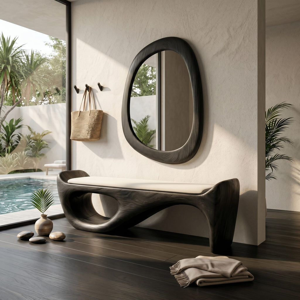 Designer Entryway Bench Organic Modern Home, solid wood, built to order
