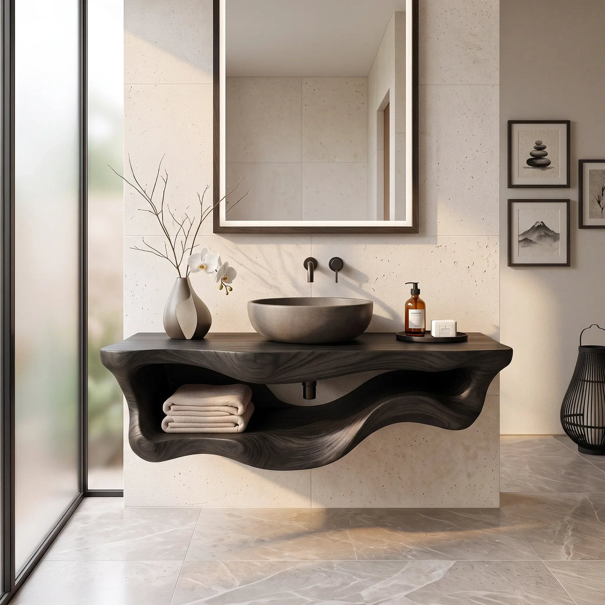 Organic Sculptural Wood Bathroom Vanity Spa Bathroom, solid wood, built to order