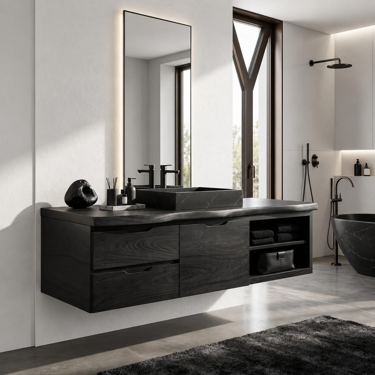 Japandi Wall Mounted Vanity Urban Loft Bathroom, solid wood, built to order