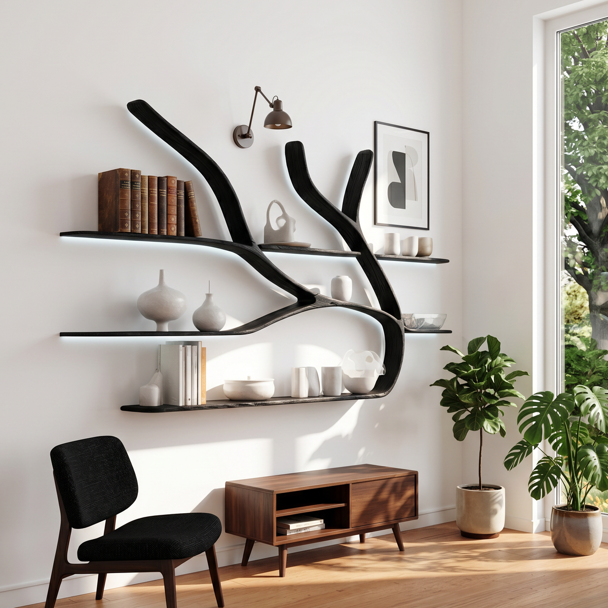 Minimalist Tree Branch Floating Bookshelf, solid wood, built to order, view 4