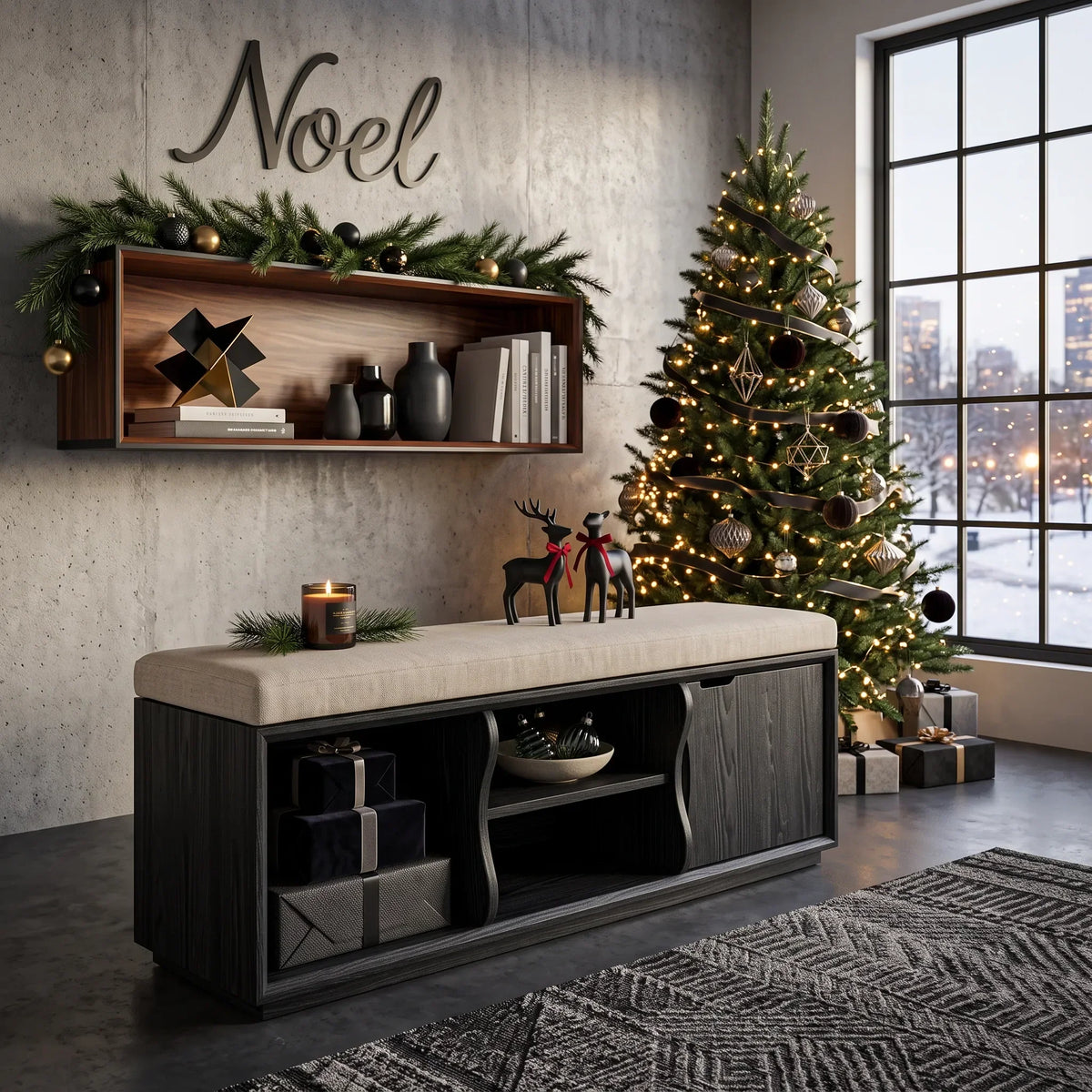 Rustic Bedroom Storage Bench Reindeer Ornament, solid wood, built to order