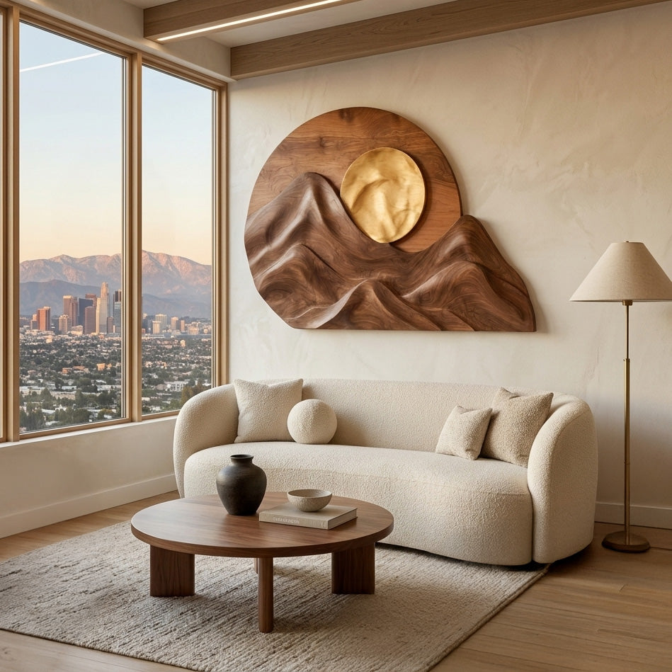 Handcrafted Mountain Sun Wall Art, solid wood, built to order