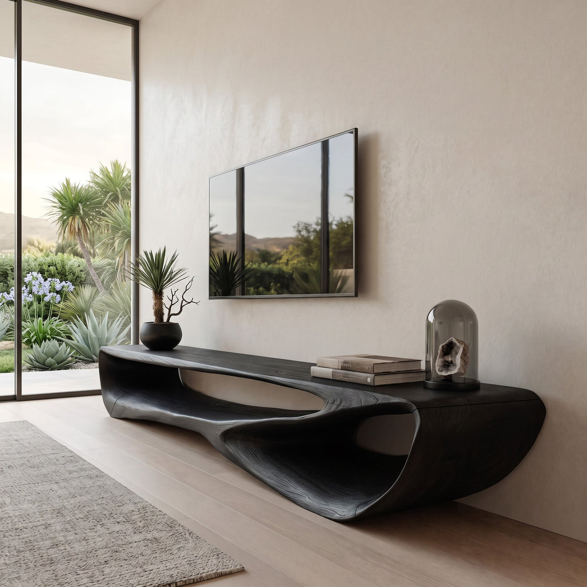 Minimal Curved TV Console, solid wood, built to order, view 4