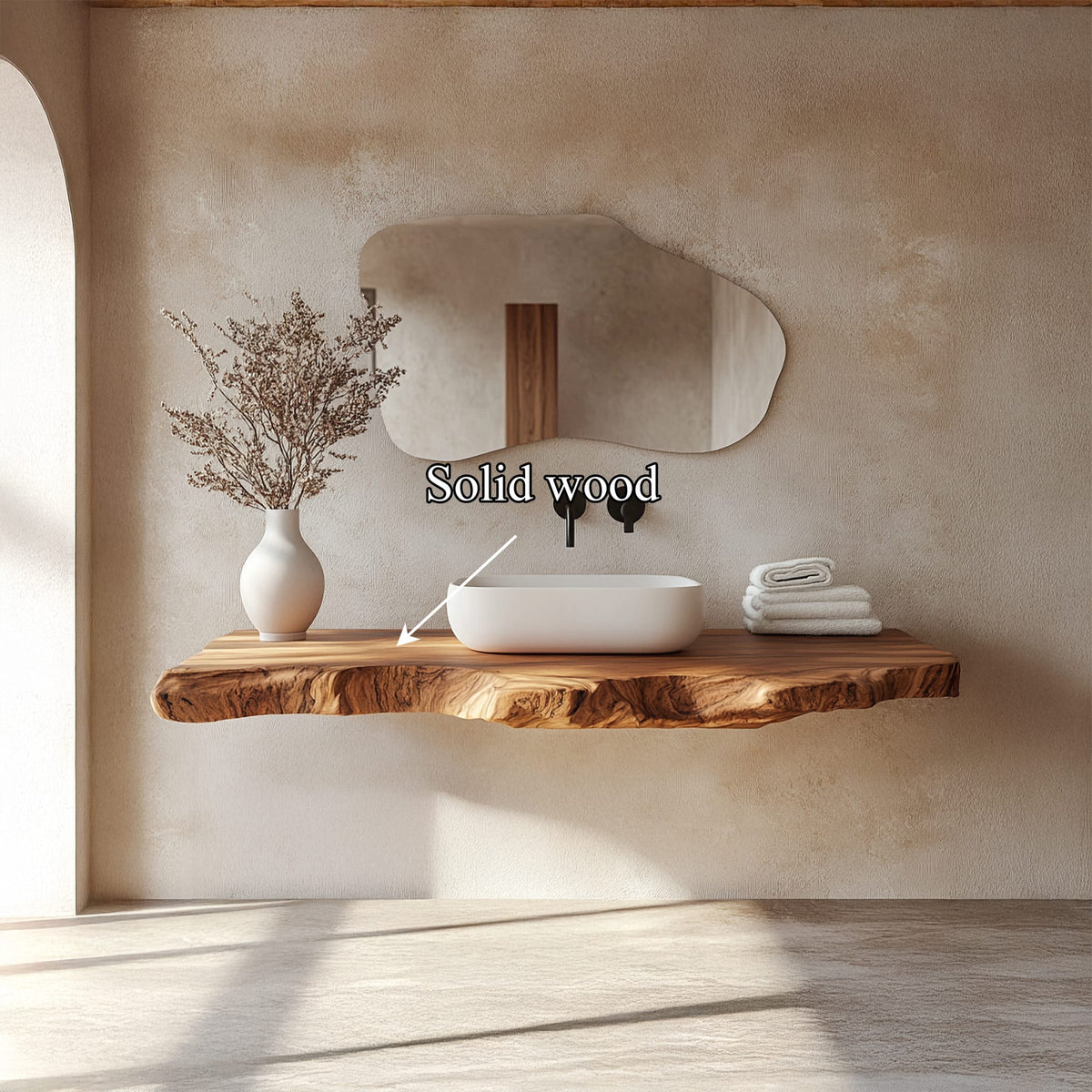 Contemporary Spa Bathroom Vanity Floating Live Edge Counter, solid wood, built to order