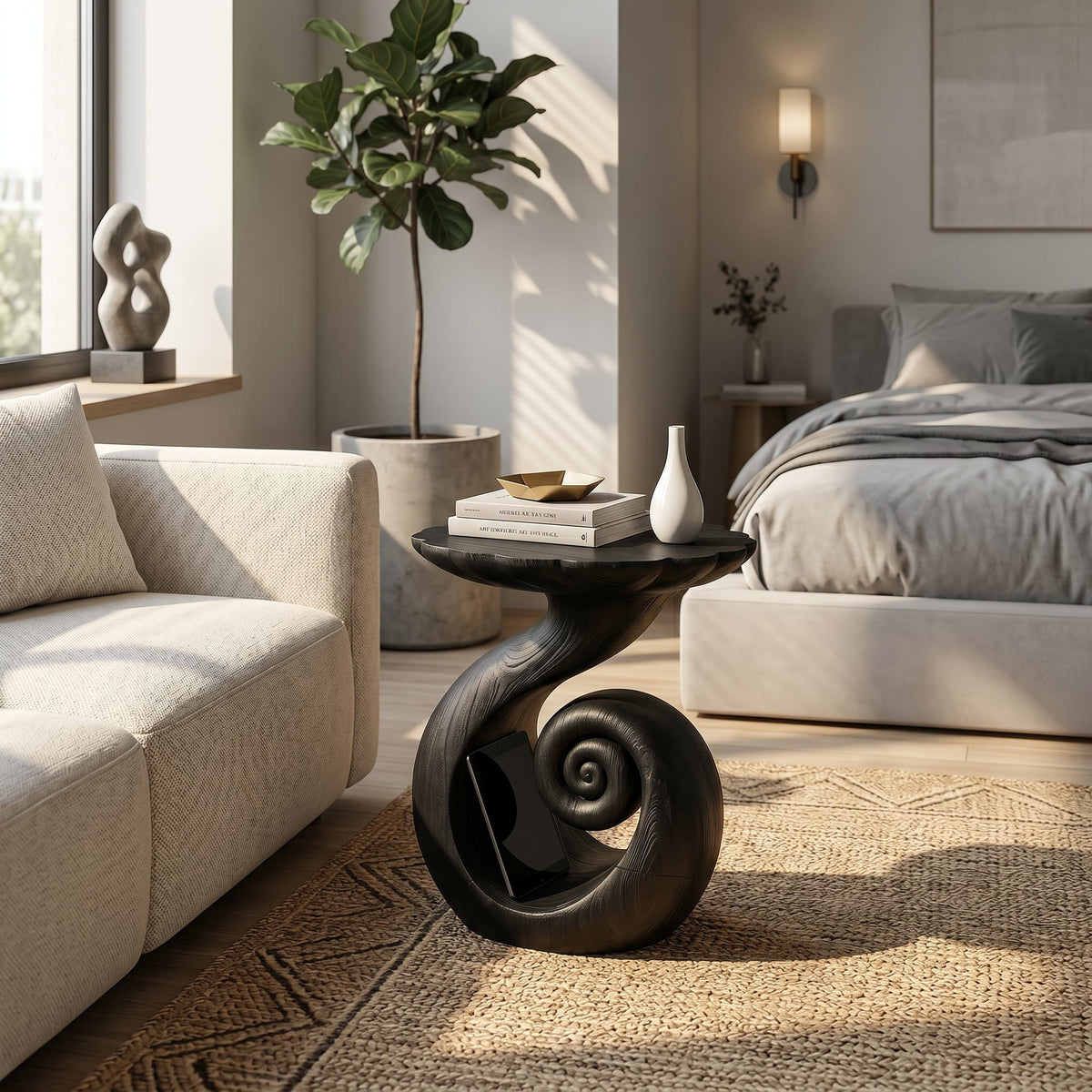 Organic Spiral Storage Side Table Resort Suite, solid wood, built to order