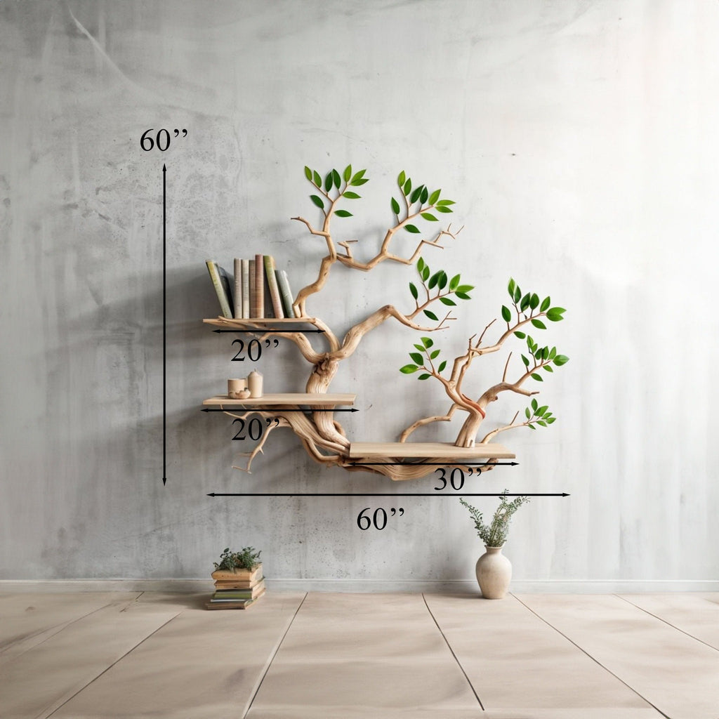 Driftwood Branch Shelves Carving Floating Bookshelf Wall, solid wood, built to order