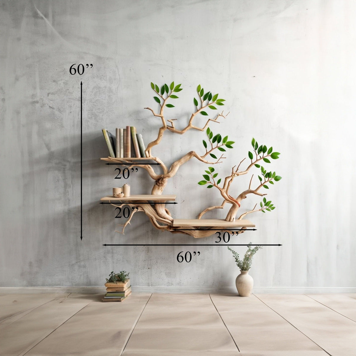 Driftwood Branch Shelves Carving Floating Bookshelf Wall, solid wood, built to order