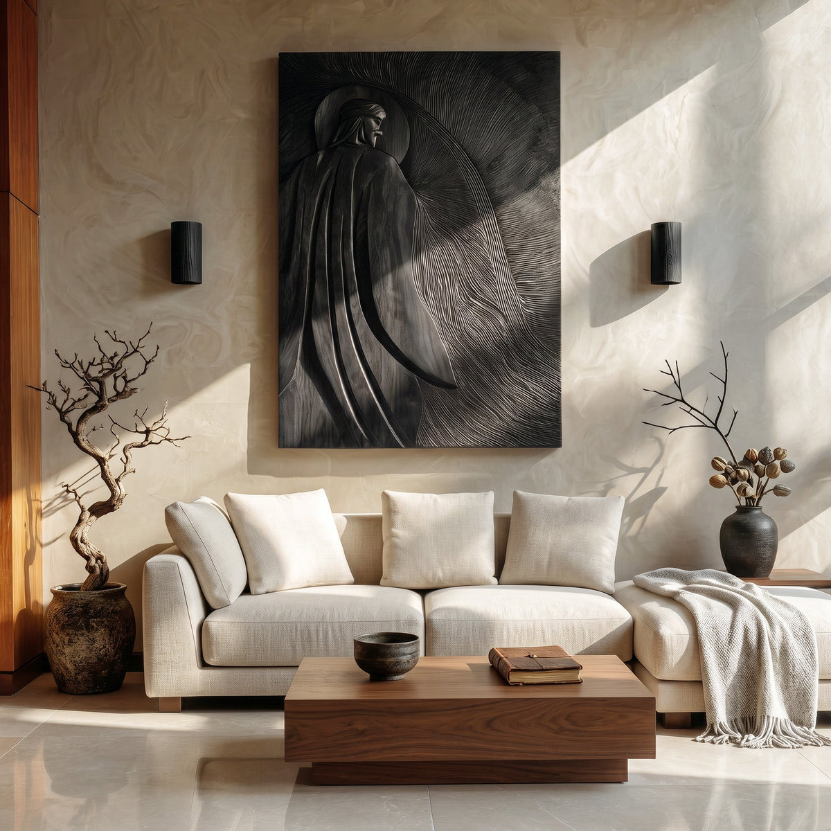 Contemporary Wall Art with Carved Figure, solid wood, built to order