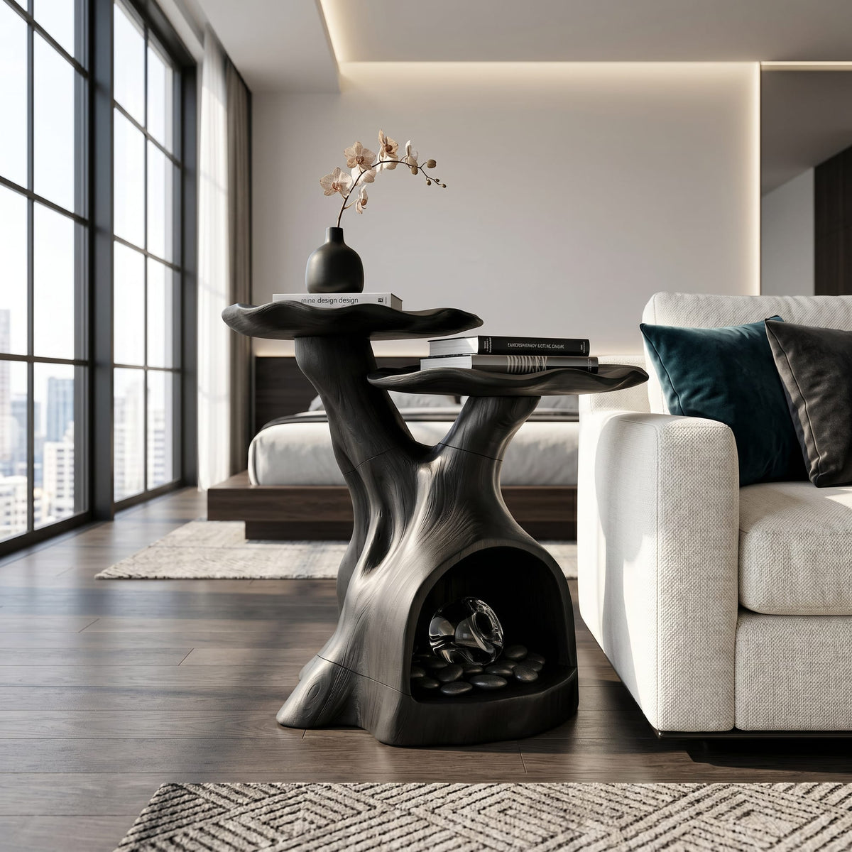 Contemporary Dual Tier Side Table Designer Residence, solid wood, built to order
