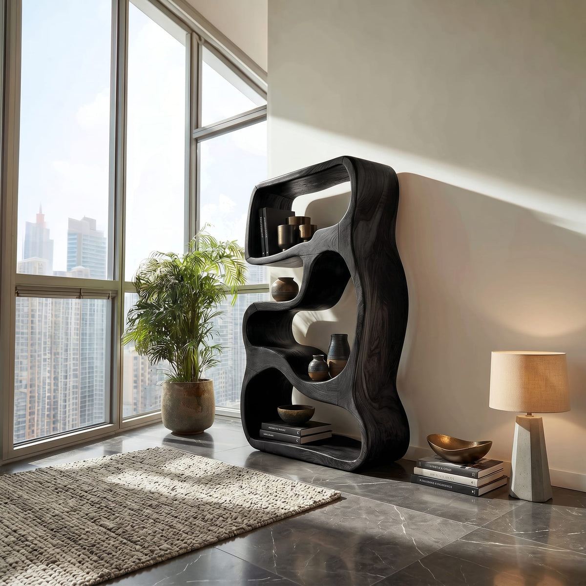 Minimalist Bookshelf Featuring Curved Side Panels, solid wood, built to order