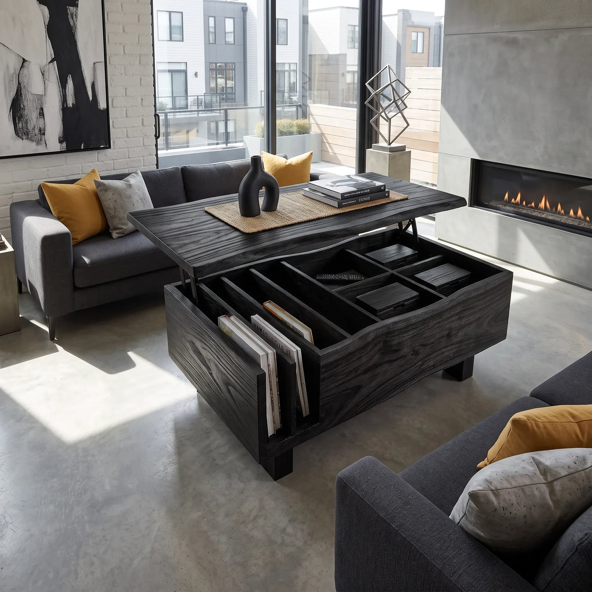 Organic Modern Lift Top Coffee Table Reading Lounge, solid wood, built to order, view 3
