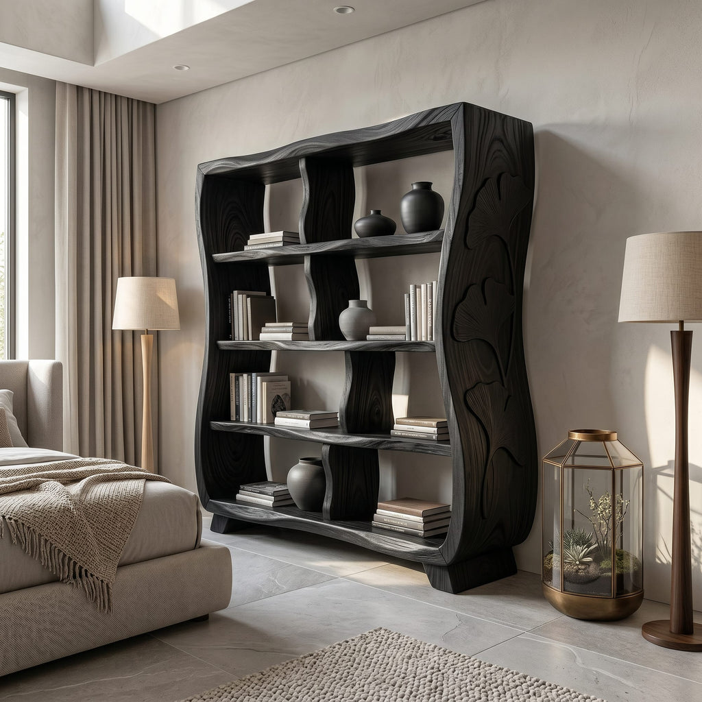 Handcrafted Bookshelf with Ginkgo Leaf Accents, solid wood, built to order