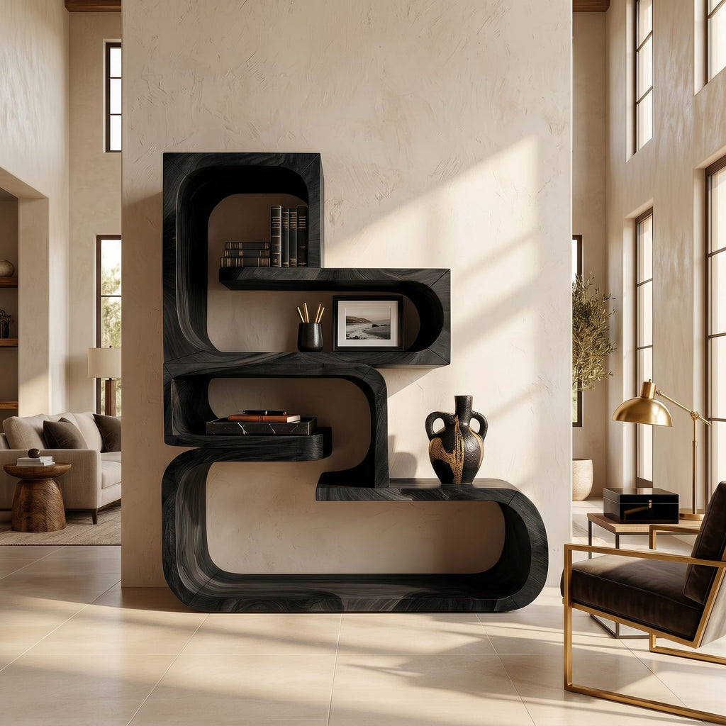Contemporary Wave Edge Bookcase in Finish, solid wood, built to order