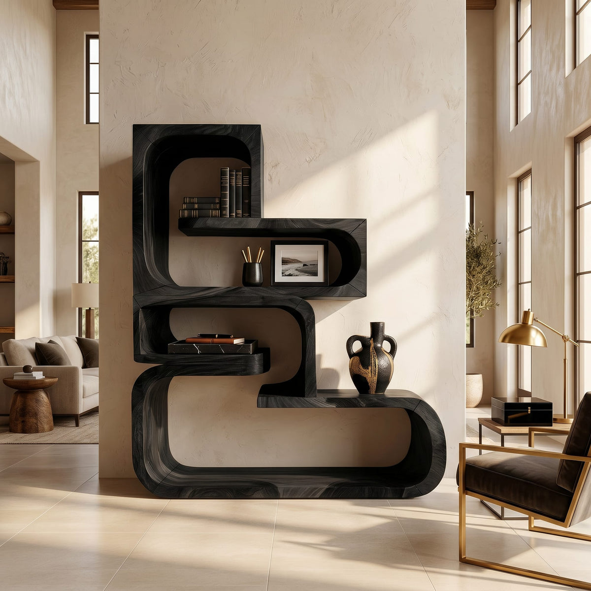 Contemporary Wave Edge Bookcase in Finish, solid wood, built to order