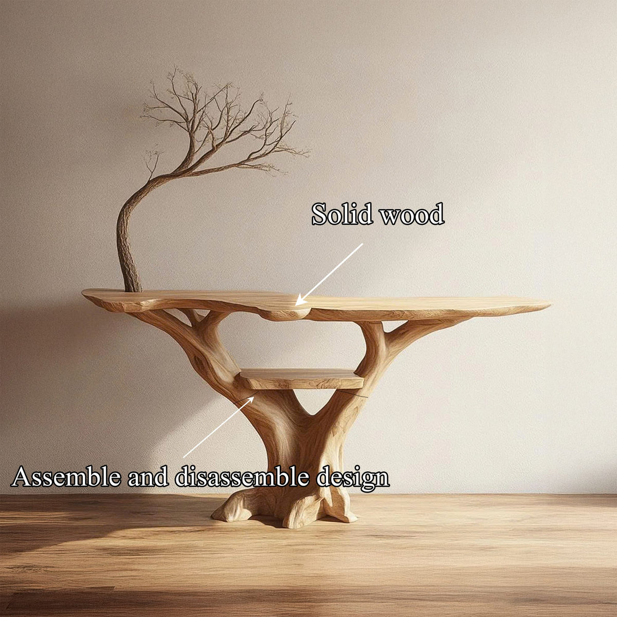 Mid Century Console Table Sculpted Wood Tree Hallway Entrance, solid wood, built to order