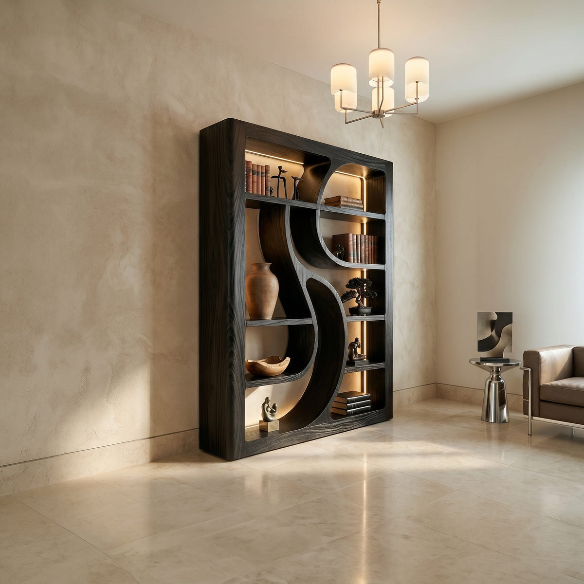 Wooden Bookshelf Featuring Ambient LED Shelving, solid wood, built to order