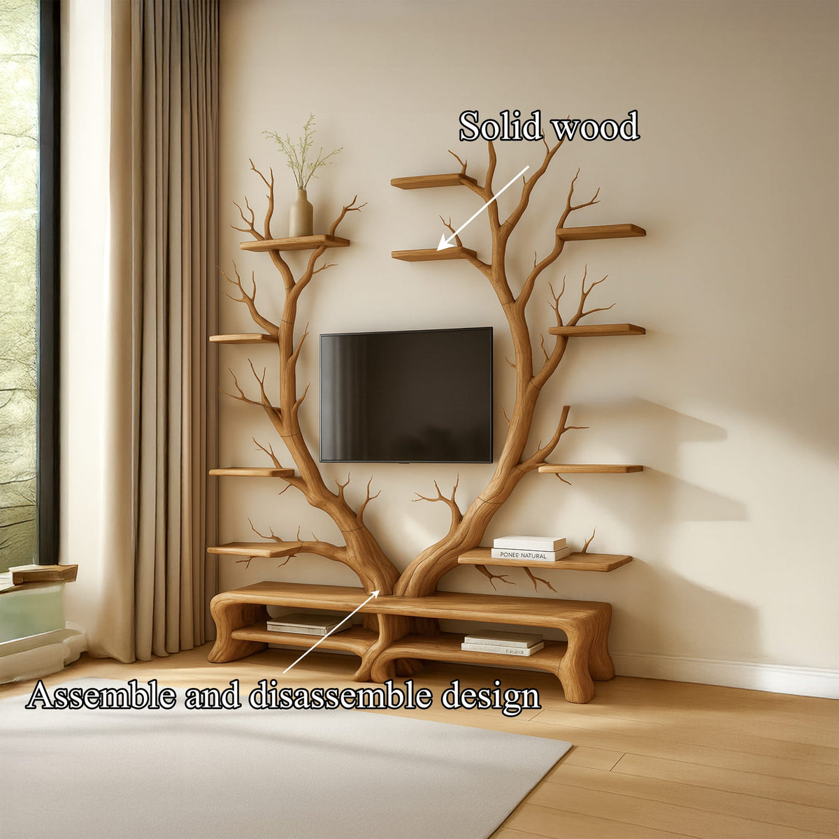 Midcentury TV Stand Tree Shelf Living Room, solid wood, built to order