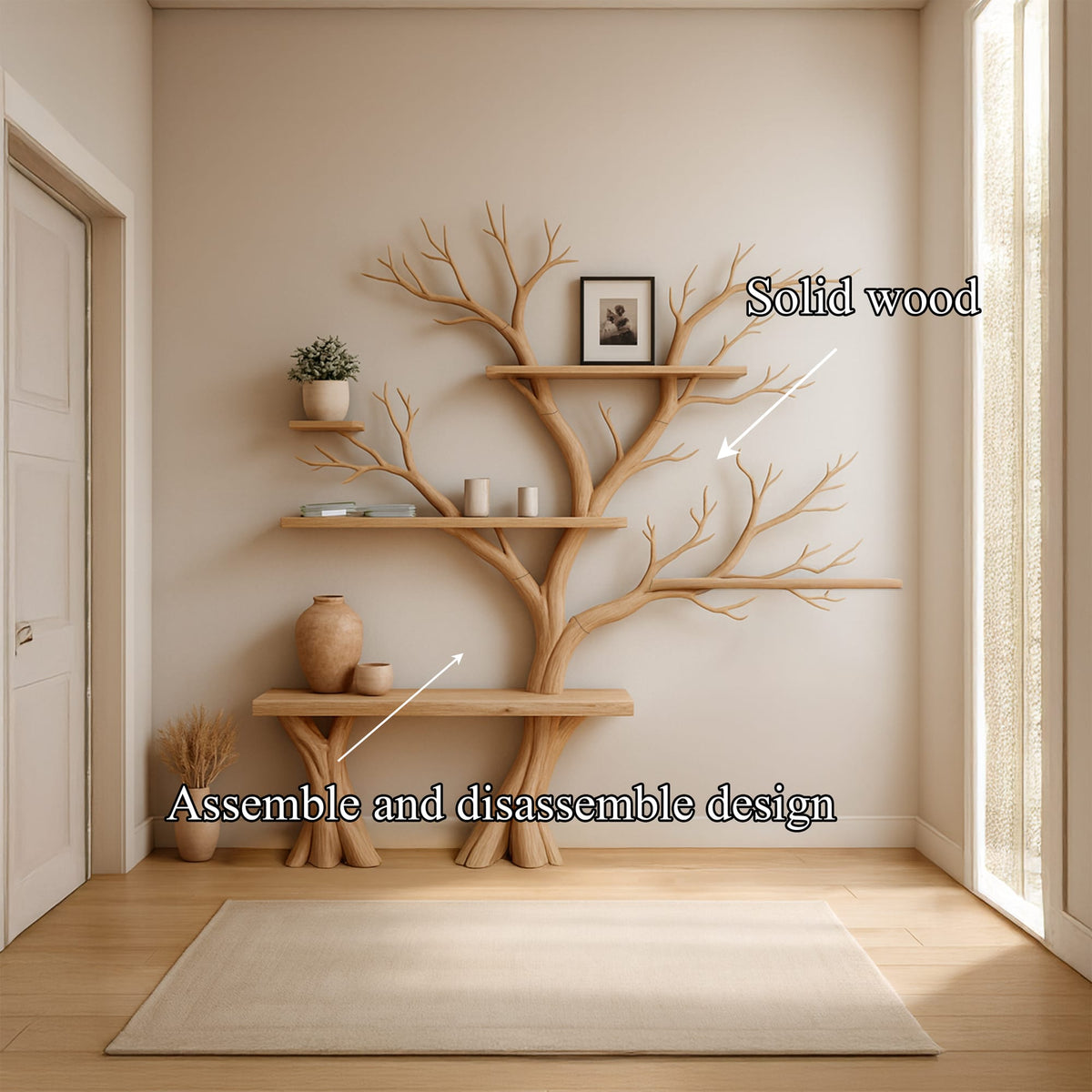 Rustic Tree Wall Bookcase Bedroom, solid wood, built to order